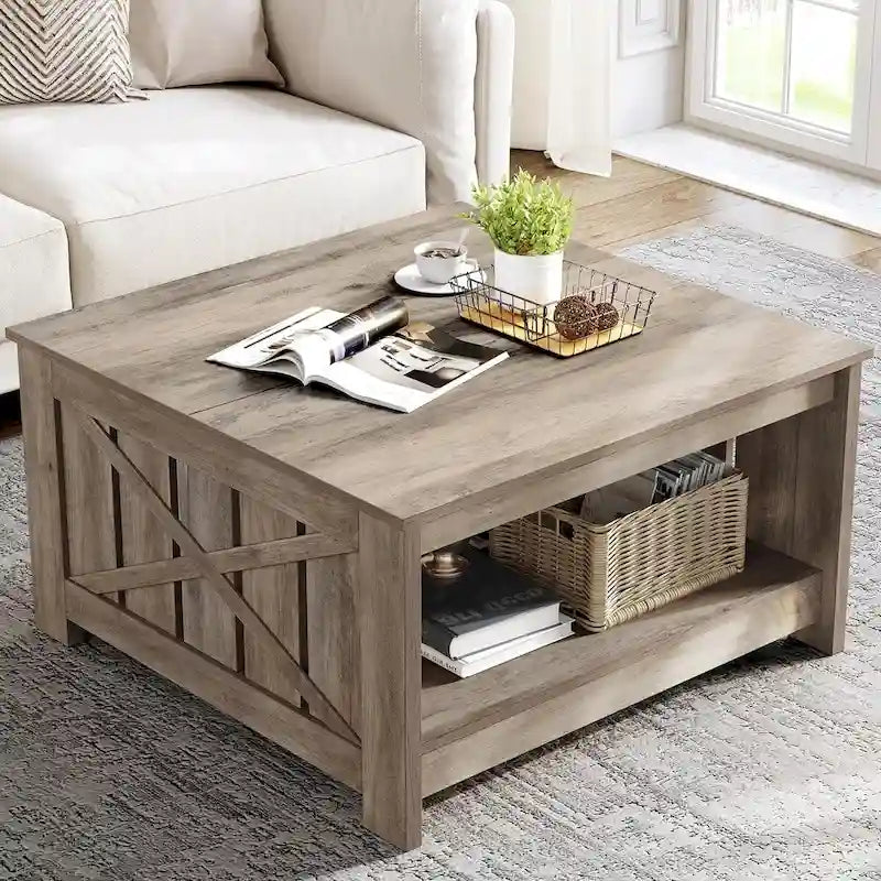 Table basse carrée à 2 niveaux avec rangement latéral | Gris, Noyer, Chêne foncé