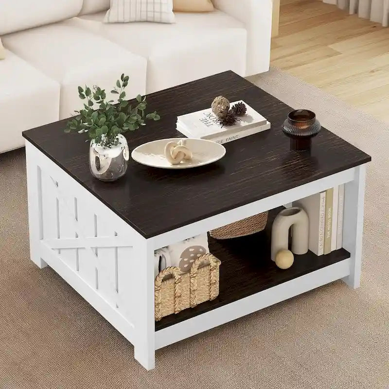 Table basse carrée à 2 niveaux avec rangement latéral | Gris, Noyer, Chêne foncé