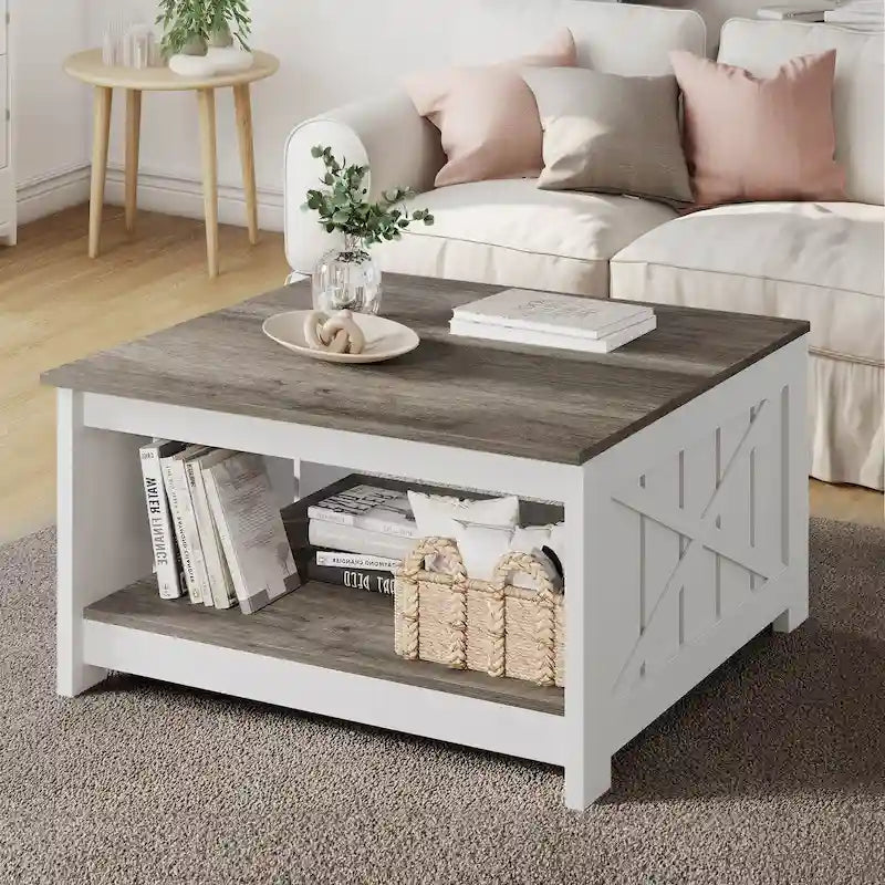 Table basse carrée à 2 niveaux avec rangement latéral | Gris, Noyer, Chêne foncé