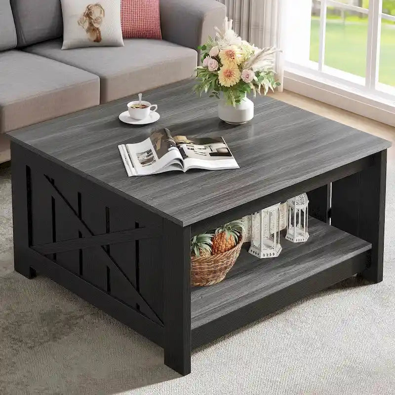 Table basse carrée à 2 niveaux avec rangement latéral | Gris, Noyer, Chêne foncé