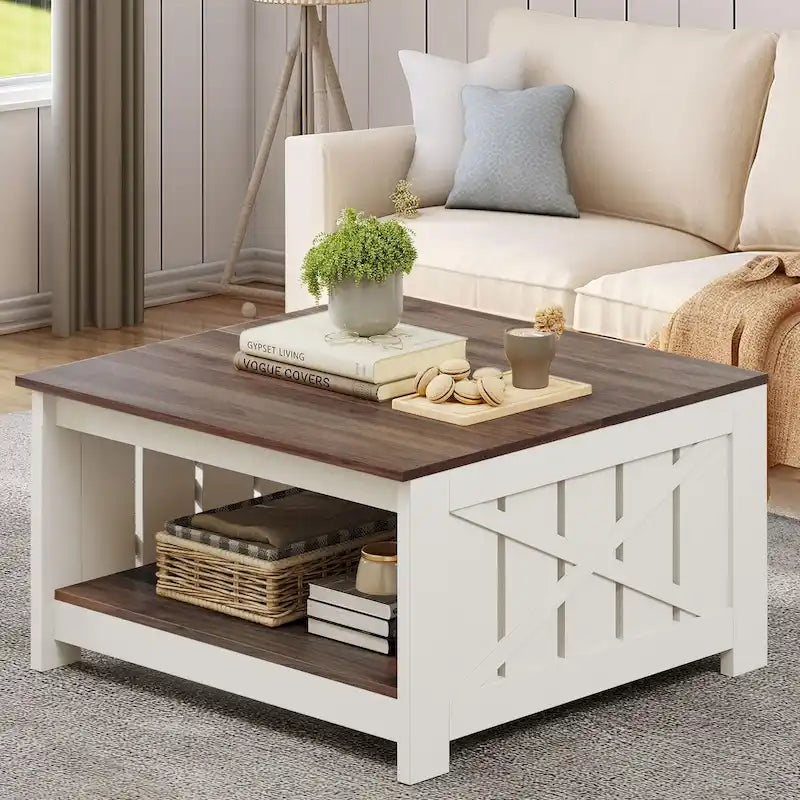 Table basse carrée à 2 niveaux avec rangement latéral | Gris, Noyer, Chêne foncé