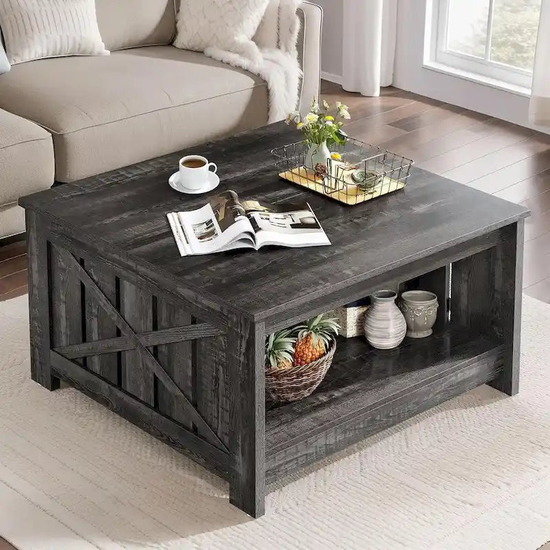 Table basse carrée à 2 niveaux avec rangement latéral | Gris, Noyer, Chêne foncé