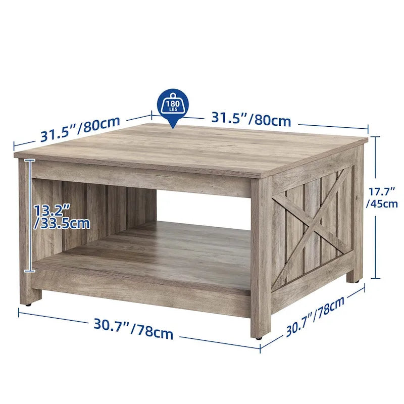 Table basse carrée à 2 niveaux avec rangement latéral | Gris, Noyer, Chêne foncé