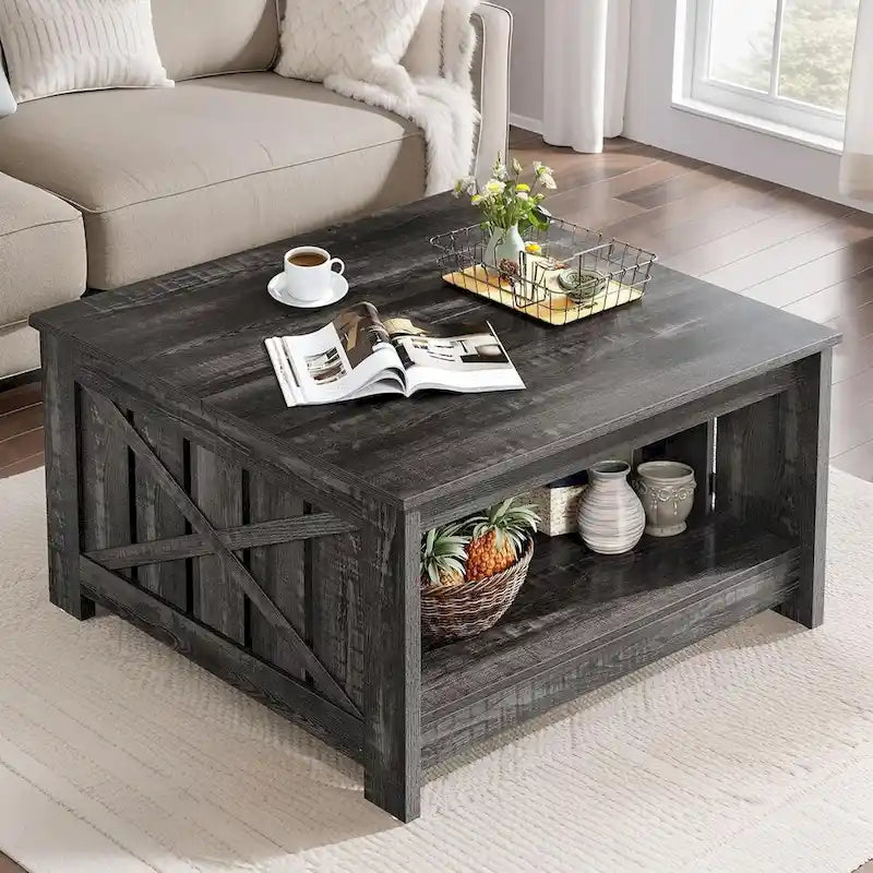 Table basse carrée à 2 niveaux avec rangement latéral | Gris, Noyer, Chêne foncé