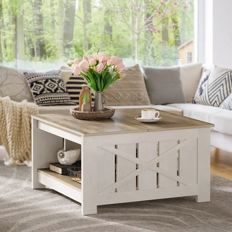 Table basse carrée à 2 niveaux avec rangement latéral | Gris, Noyer, Chêne foncé