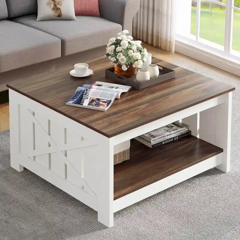 Table basse carrée à 2 niveaux avec rangement latéral | Gris, Noyer, Chêne foncé
