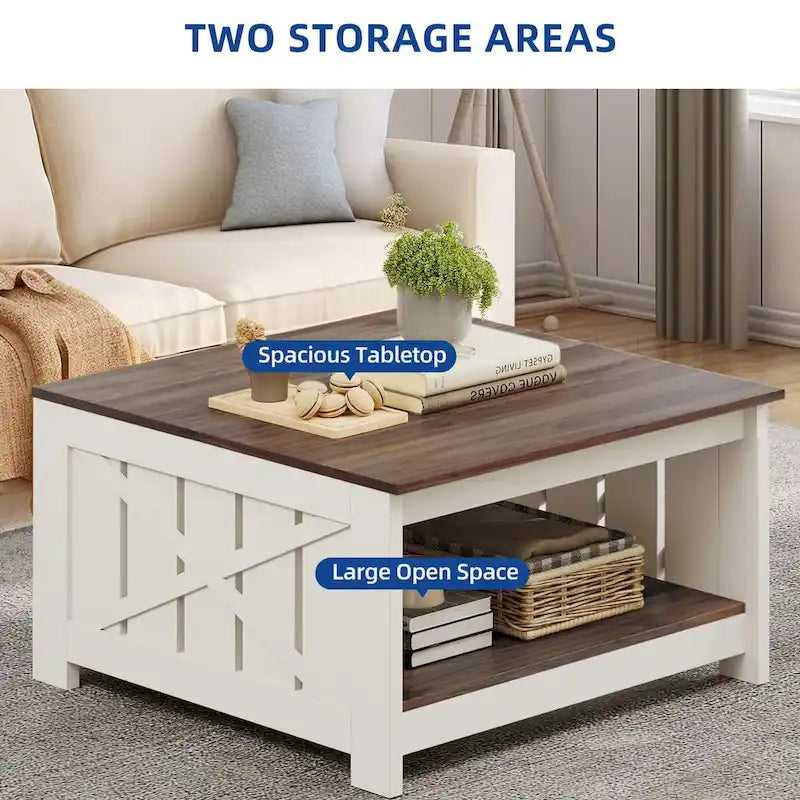 Table basse carrée à 2 niveaux avec rangement latéral | Gris, Noyer, Chêne foncé
