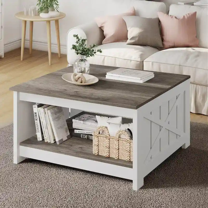 Table basse carrée à 2 niveaux avec rangement latéral | Gris, Noyer, Chêne foncé