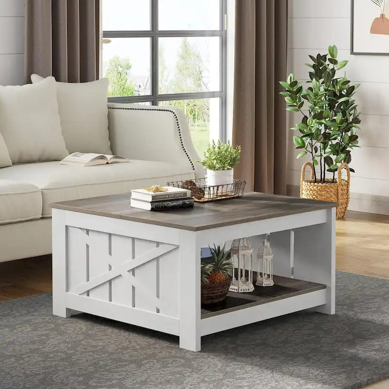 Table basse carrée à 2 niveaux avec rangement latéral | Gris, Noyer, Chêne foncé