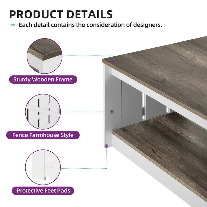 Table basse carrée à 2 niveaux avec rangement latéral | Gris, Noyer, Chêne foncé