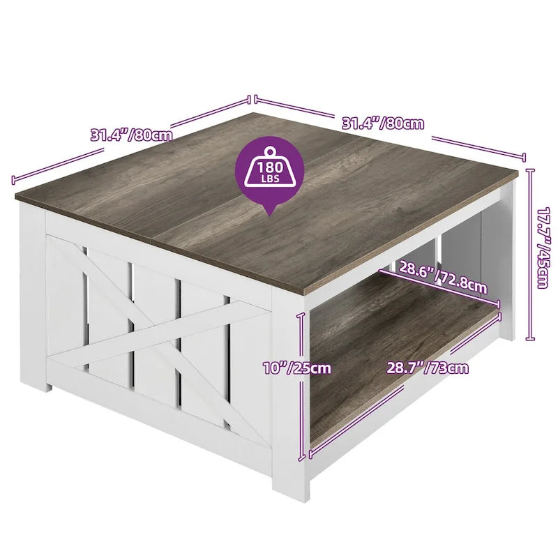 Table basse carrée à 2 niveaux avec rangement latéral | Gris, Noyer, Chêne foncé