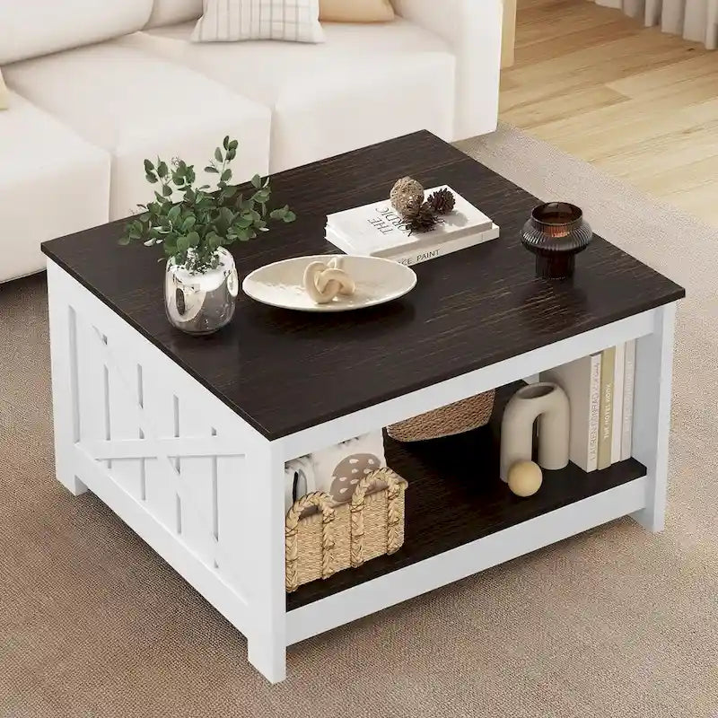 Table basse carrée à 2 niveaux avec rangement latéral | Gris, Noyer, Chêne foncé