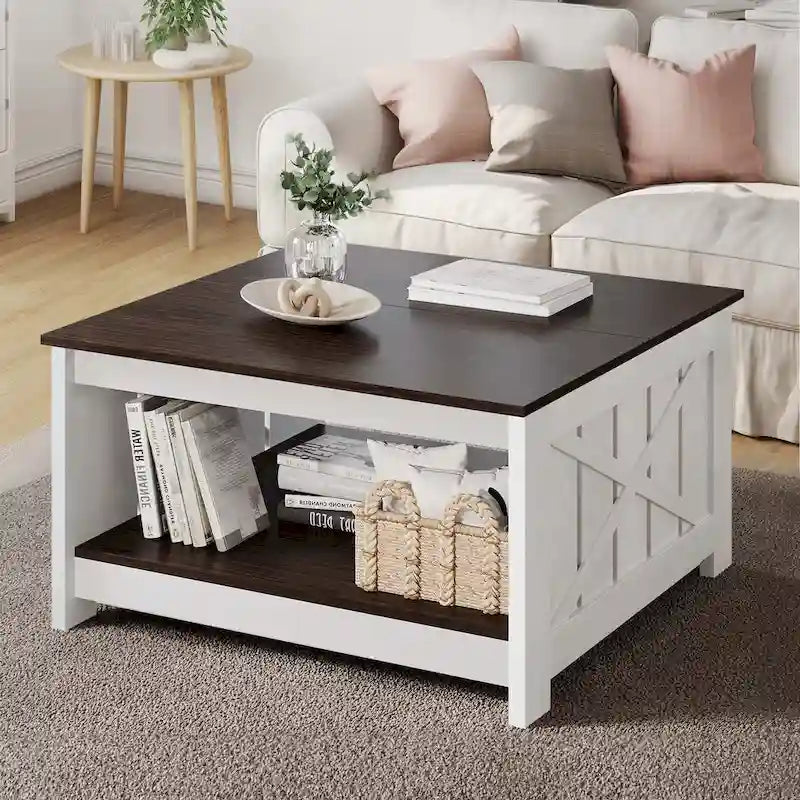 Table basse carrée à 2 niveaux avec rangement latéral | Gris, Noyer, Chêne foncé