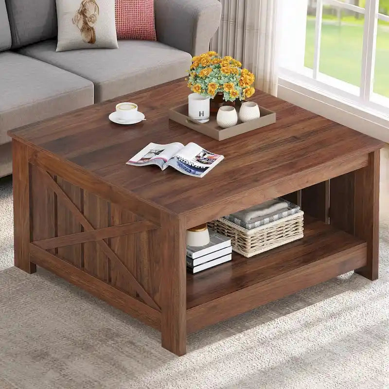 Table basse carrée à 2 niveaux avec rangement latéral | Gris, Noyer, Chêne foncé
