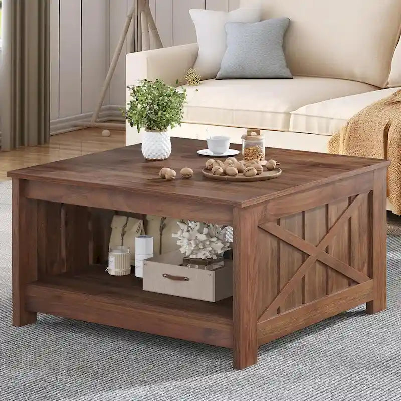 Table basse carrée à 2 niveaux avec rangement latéral | Gris, Noyer, Chêne foncé