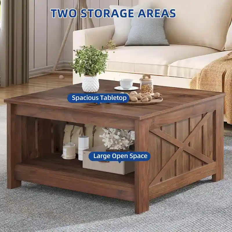 Table basse carrée à 2 niveaux avec rangement latéral | Gris, Noyer, Chêne foncé