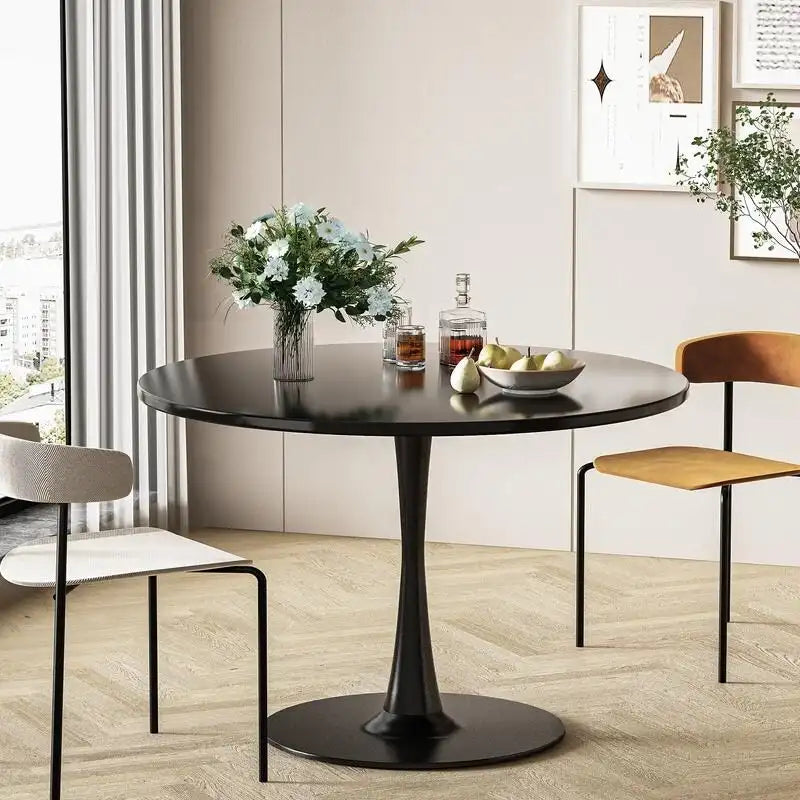 Table de cuisine ou de salle à manger ronde Grondin de style Mid-Century Modern avec plateau en MDF de qualité supérieure et pied en acier