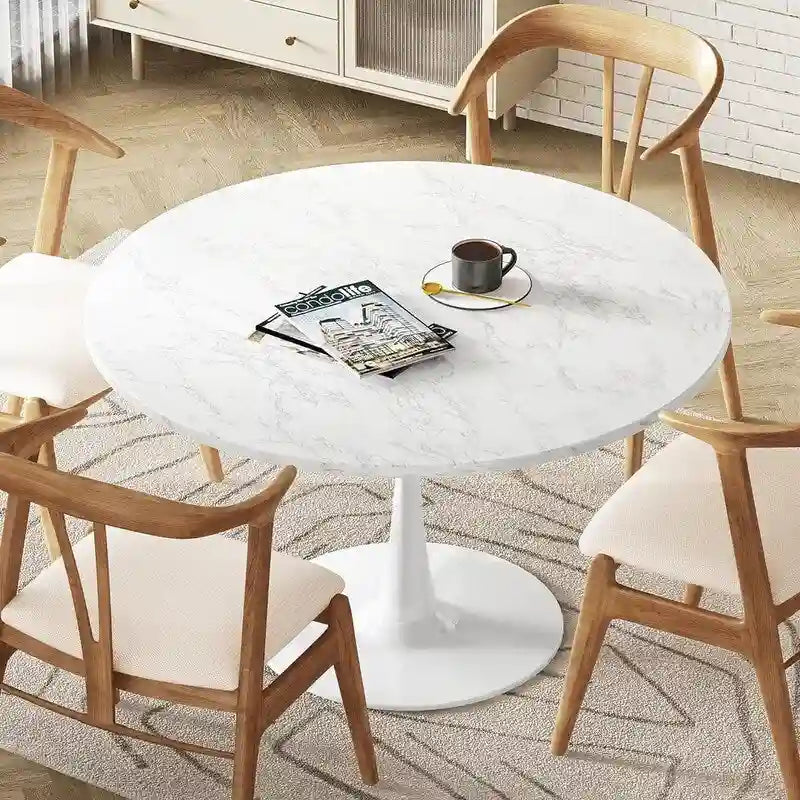 Table de cuisine ou de salle à manger ronde Grondin de style Mid-Century Modern avec plateau en MDF de qualité supérieure et pied en acier