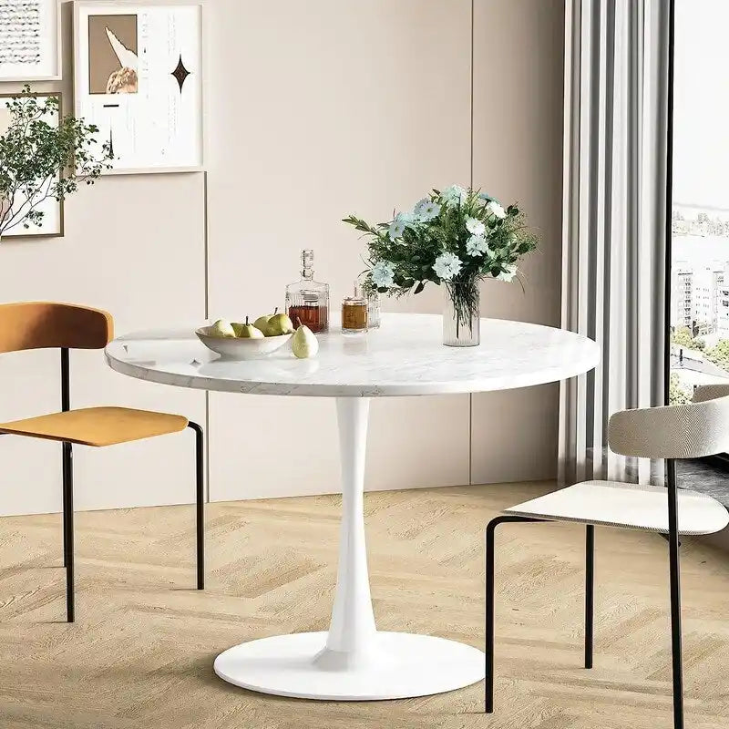 Table de cuisine ou de salle à manger ronde Grondin de style Mid-Century Modern avec plateau en MDF de qualité supérieure et pied en acier
