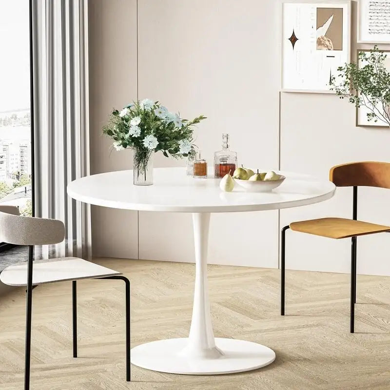 Table de cuisine ou de salle à manger ronde Grondin de style Mid-Century Modern avec plateau en MDF de qualité supérieure et pied en acier