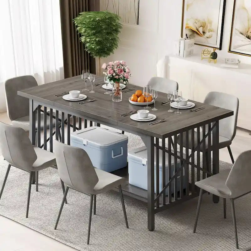 Table à manger industrielle gris/marron de 70 po avec étagère de rangement, pour 6 à 8 personnes