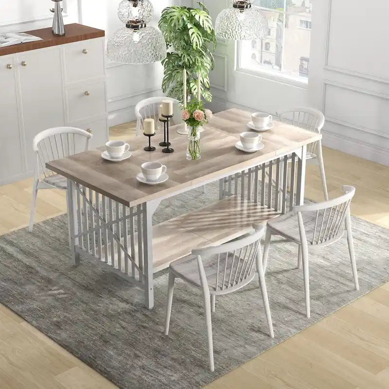 Table à manger industrielle gris/marron de 70 po avec étagère de rangement, pour 6 à 8 personnes
