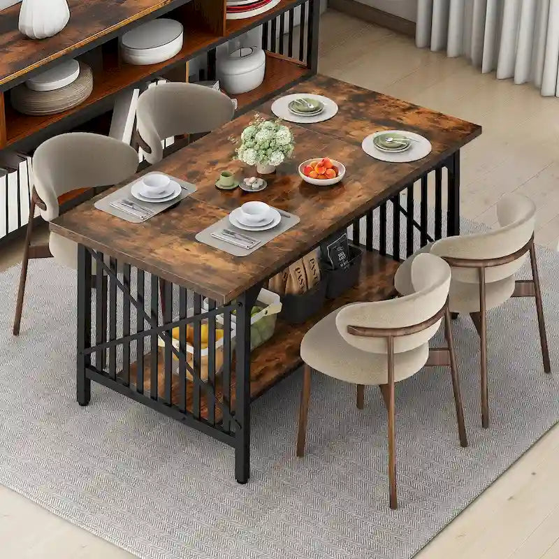Table à manger industrielle gris/marron de 70 po avec étagère de rangement, pour 6 à 8 personnes