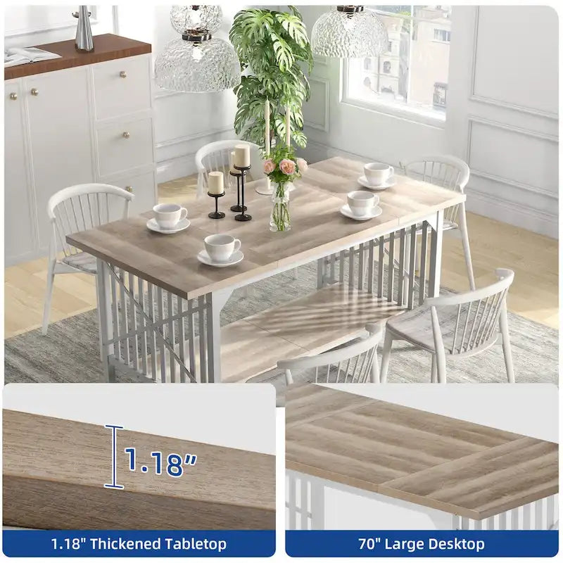 Table à manger industrielle gris/marron de 70 po avec étagère de rangement, pour 6 à 8 personnes