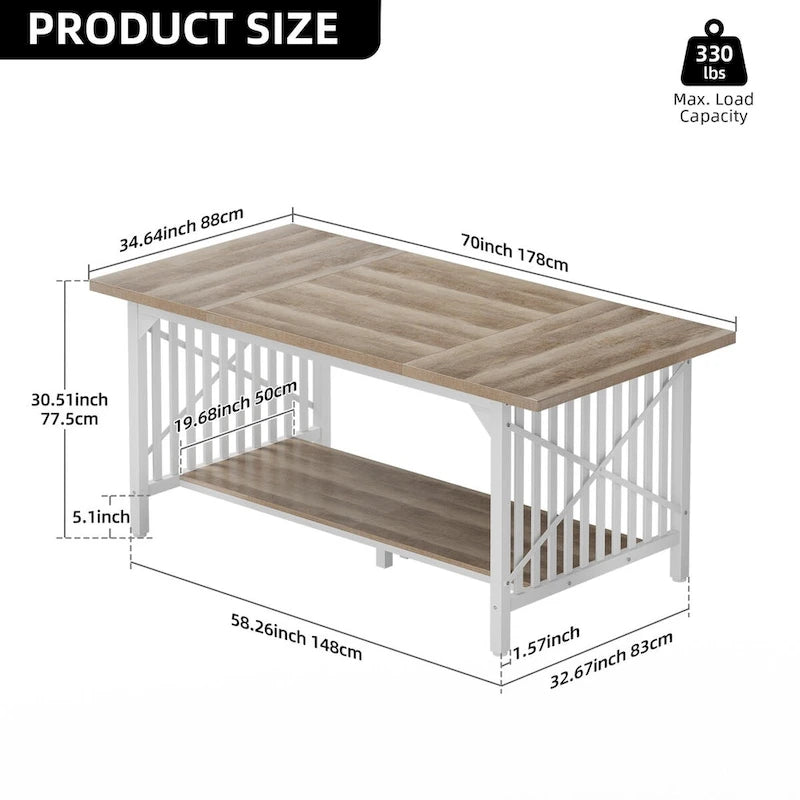 Table à manger industrielle gris/marron de 70 po avec étagère de rangement, pour 6 à 8 personnes