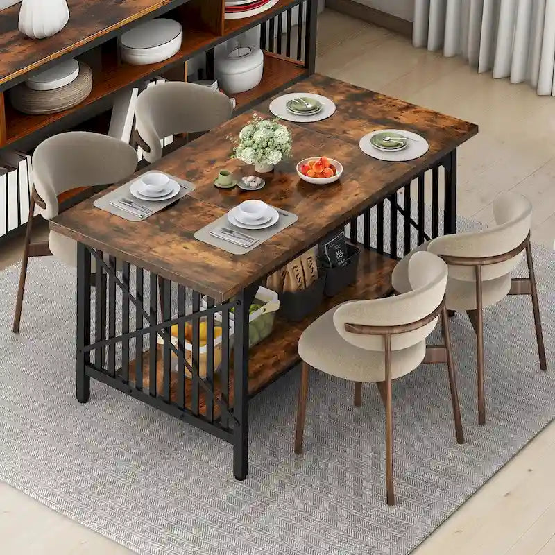 Table à manger industrielle gris/marron de 70 po avec étagère de rangement, pour 6 à 8 personnes