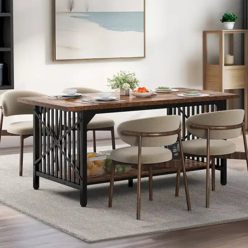 Table à manger industrielle gris/marron de 70 po avec étagère de rangement, pour 6 à 8 personnes