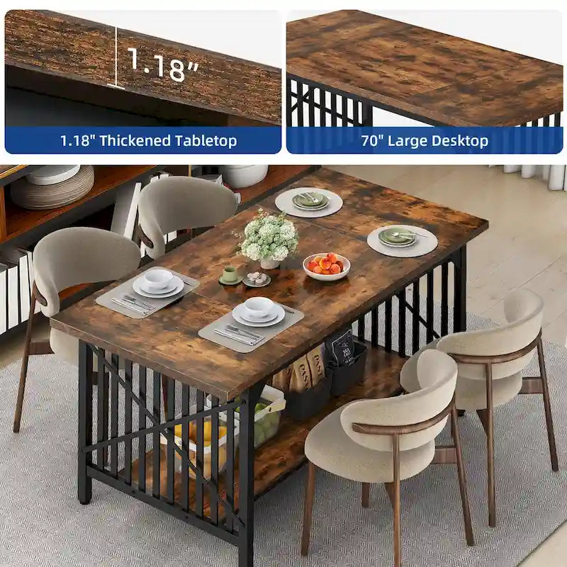 Table à manger industrielle gris/marron de 70 po avec étagère de rangement, pour 6 à 8 personnes