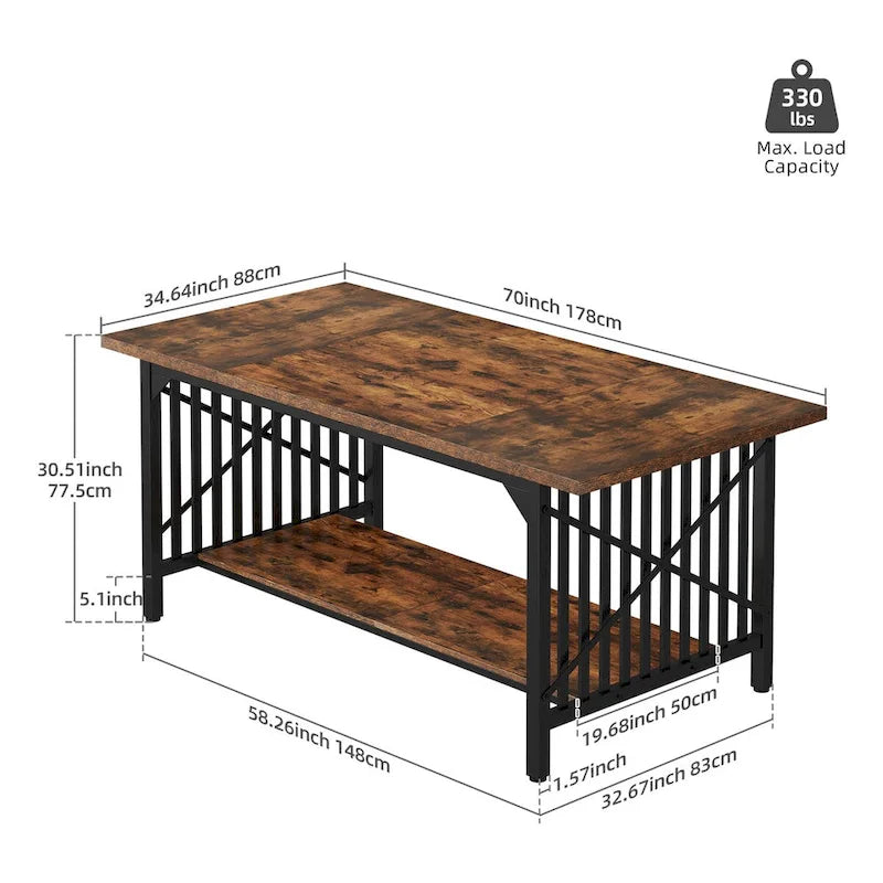 Table à manger industrielle gris/marron de 70 po avec étagère de rangement, pour 6 à 8 personnes