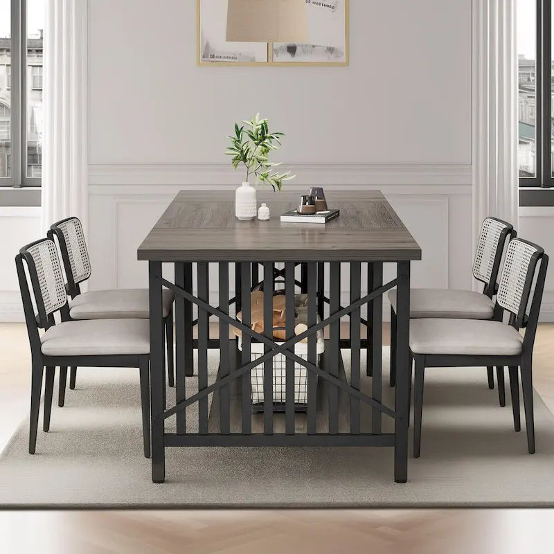 Table à manger industrielle gris/marron de 70 po avec étagère de rangement, pour 6 à 8 personnes