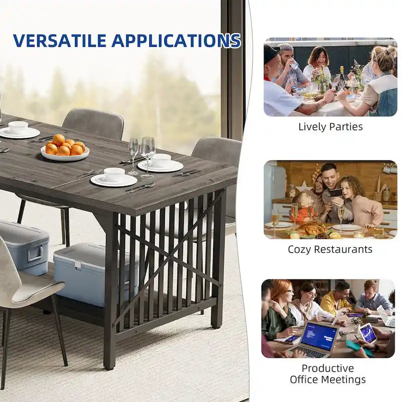 Table à manger industrielle gris/marron de 70 po avec étagère de rangement, pour 6 à 8 personnes