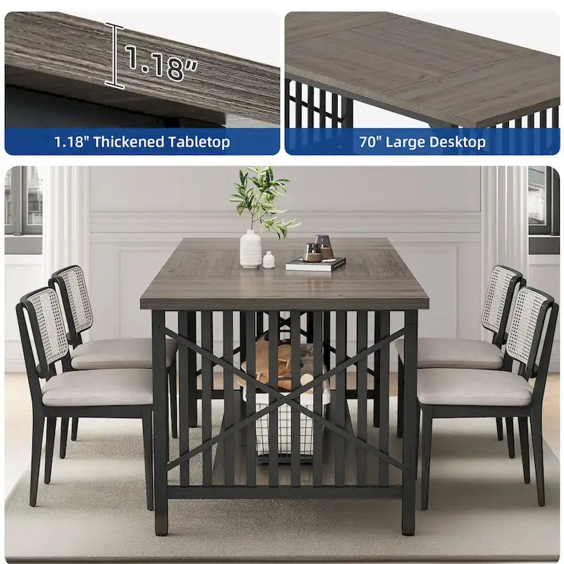 Table à manger industrielle gris/marron de 70 po avec étagère de rangement, pour 6 à 8 personnes