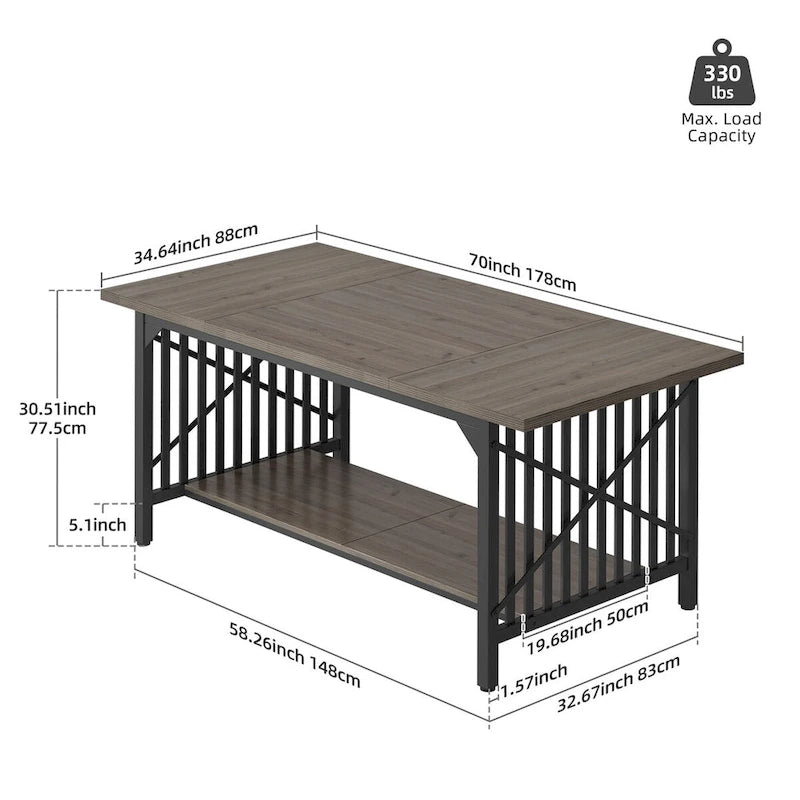 Table à manger industrielle gris/marron de 70 po avec étagère de rangement, pour 6 à 8 personnes